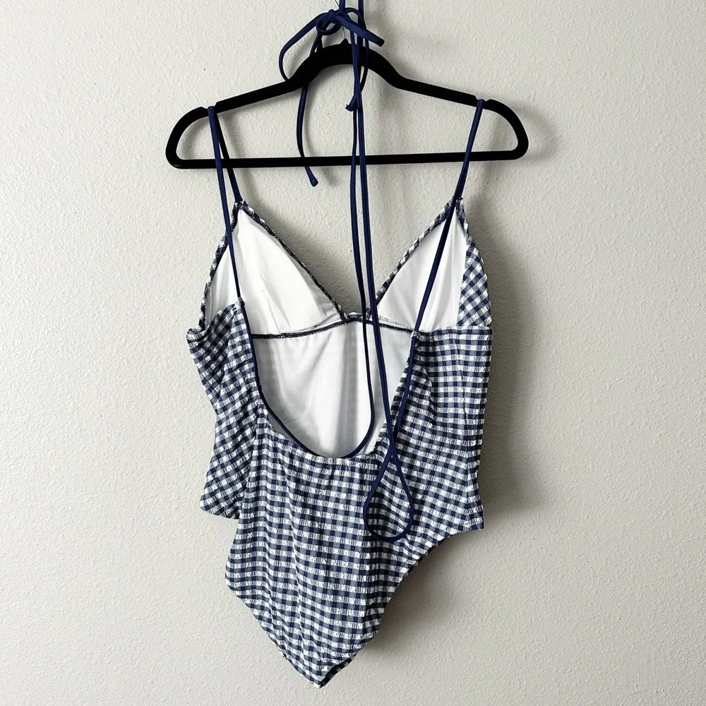 J. Crew Strappy Gingham‎ Navy One Piece Swimsuit Women's Size 12 NEW retro style - Picture 3 of 8